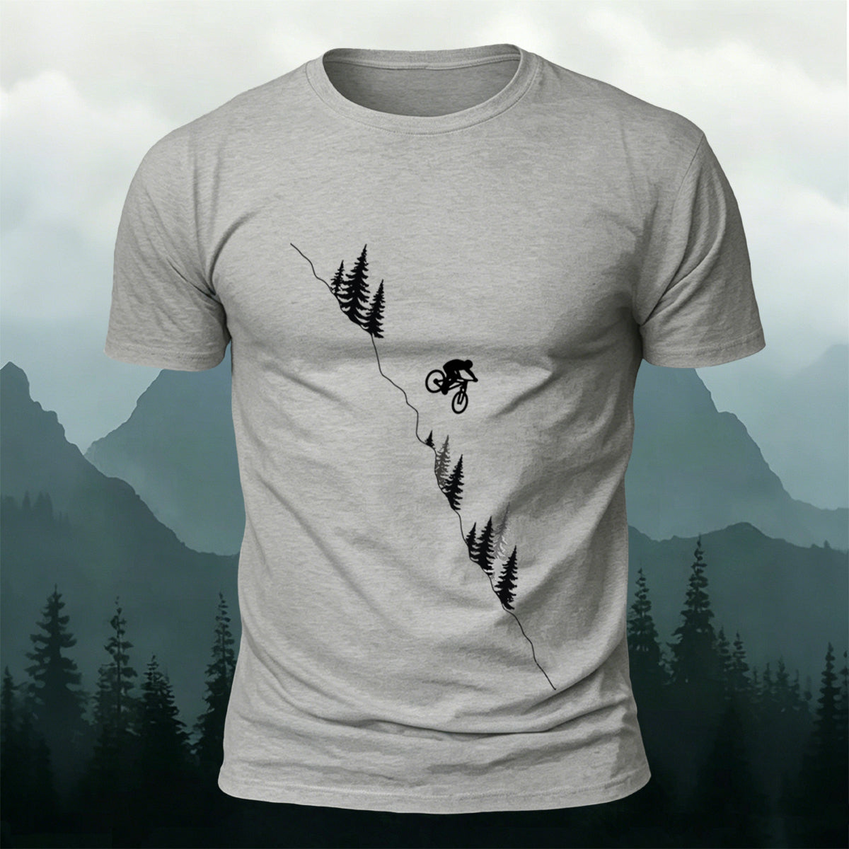 Mountain and Forest Cycling Silhouette Print  Cotton Outdoor T-Shirt