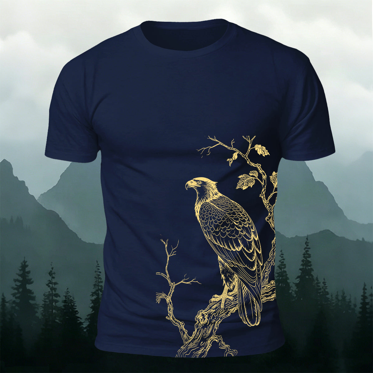 Bird-on-a-Branch PrintCasual 100% Cotton T-Shirt Navy