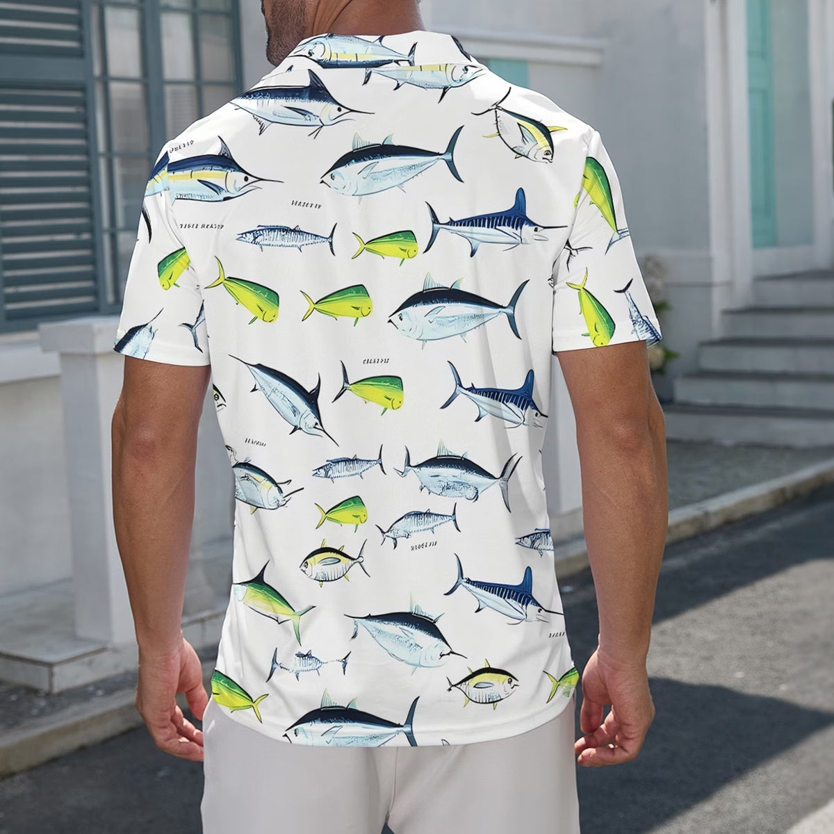 Sardine Print Slim-Fit Beach Resort  Polo Shirt