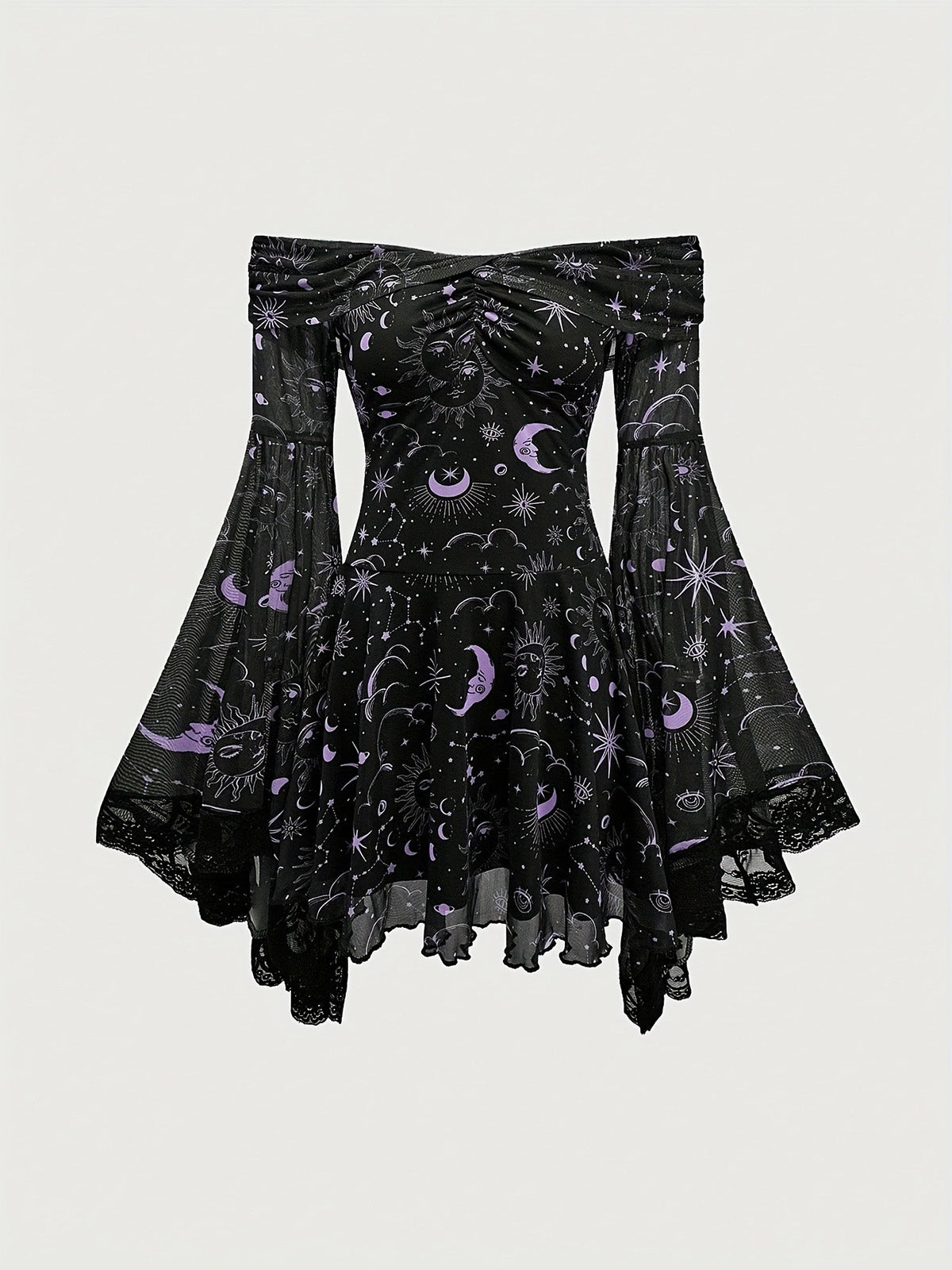 Gothic Retro Mysterious Star-and-Moon Print Flared-Sleeve A-Line Dress