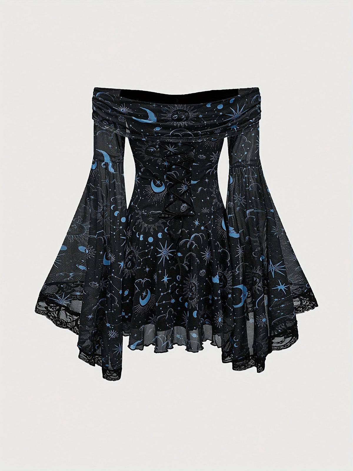 Gothic Retro Mysterious Star-and-Moon Print Flared-Sleeve A-Line Dress