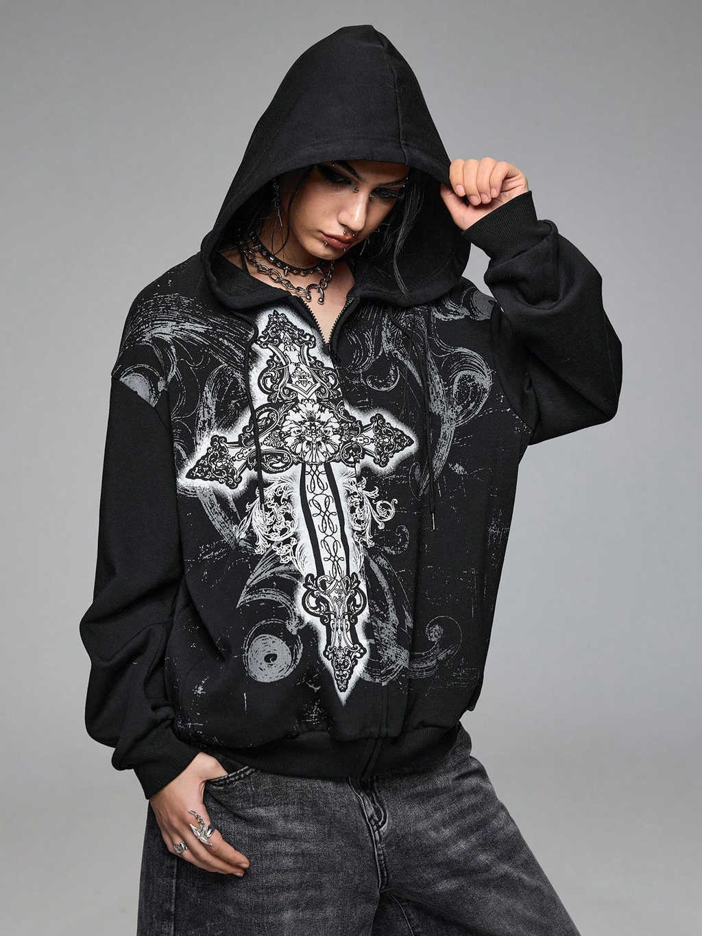 Vintage Gothic Print Hooded Sweatshirt Jacket