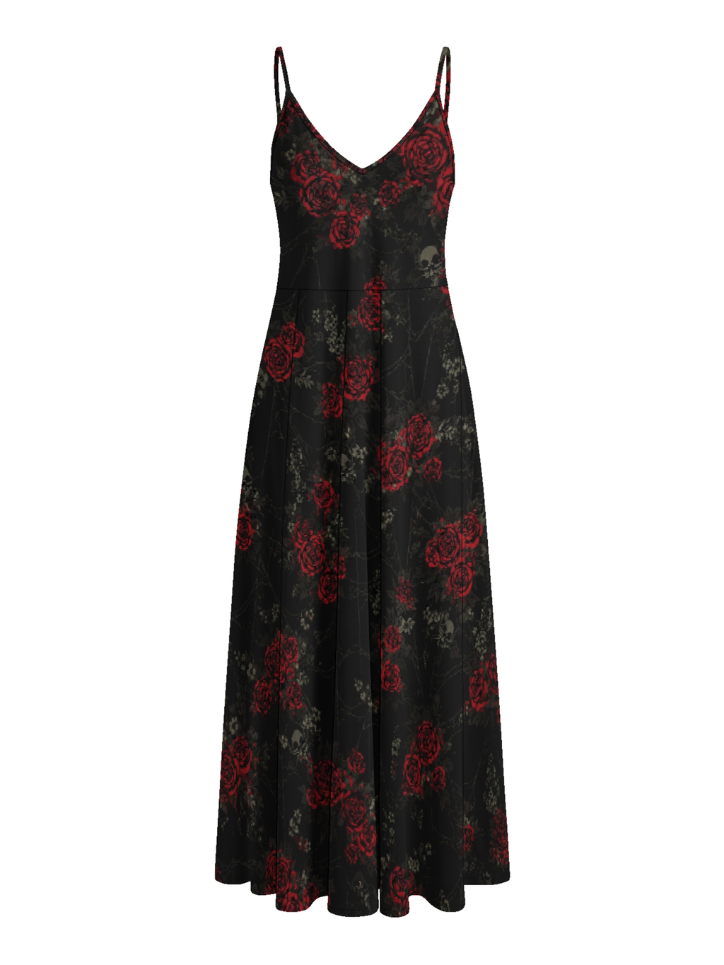 Trendy Retro Red Rose Skull Print Maxi Dress