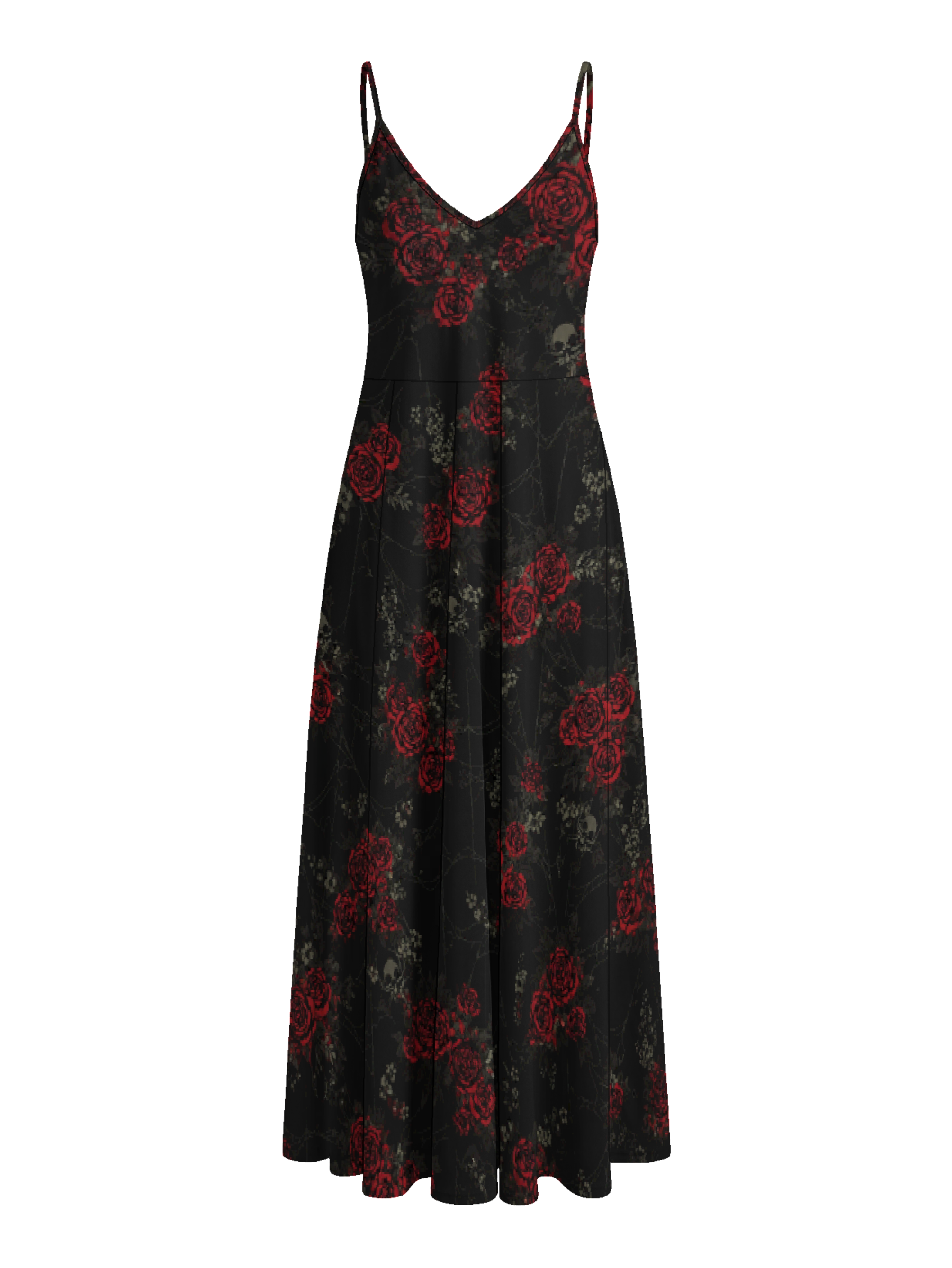 Trendy Retro Red Rose Skull Print Maxi Dress