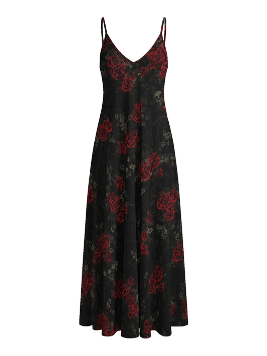 Trendy Retro Red Rose Skull Print Maxi Dress