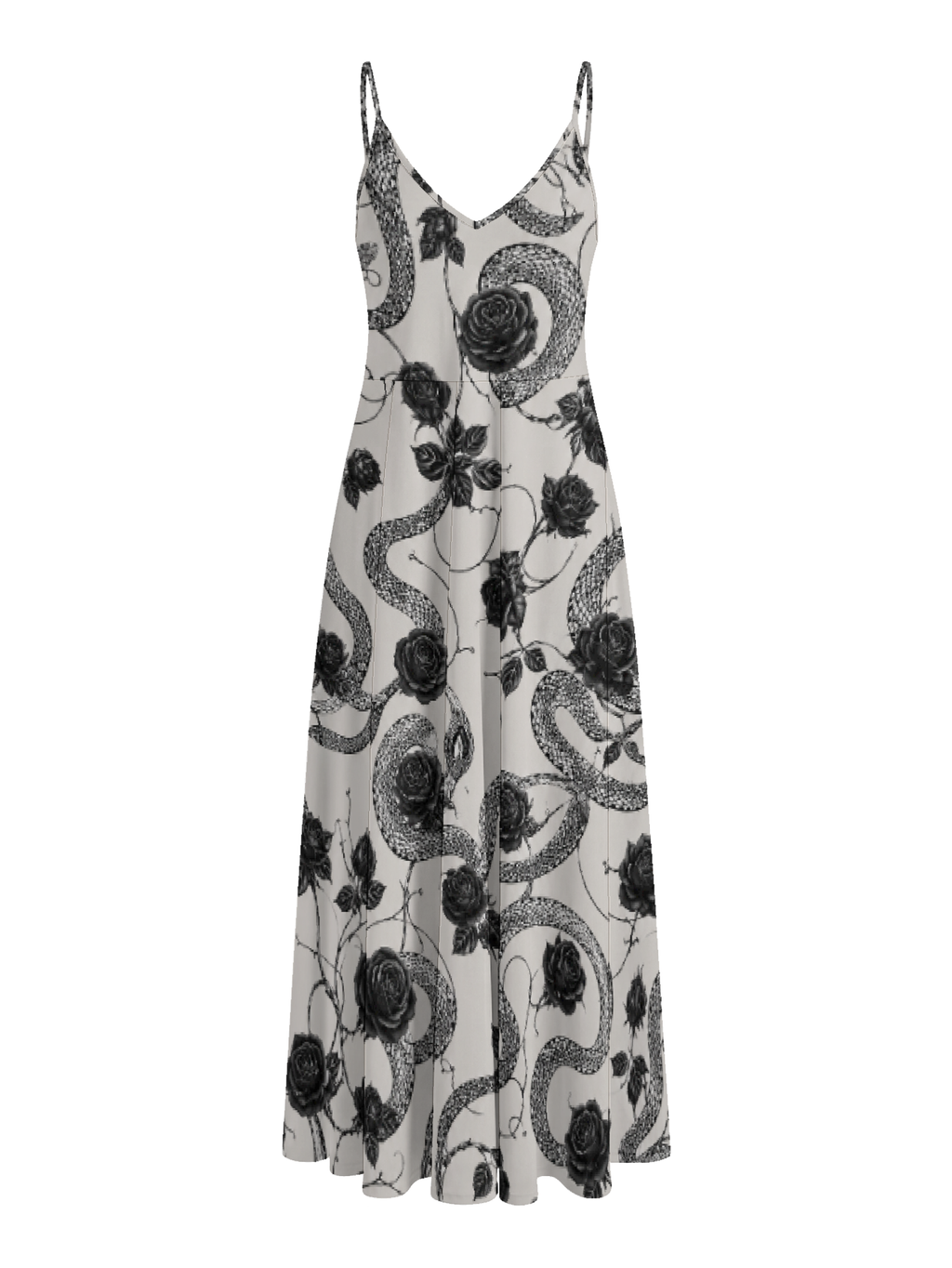 Elegant Rose-Patterned Snake Print Long Dress