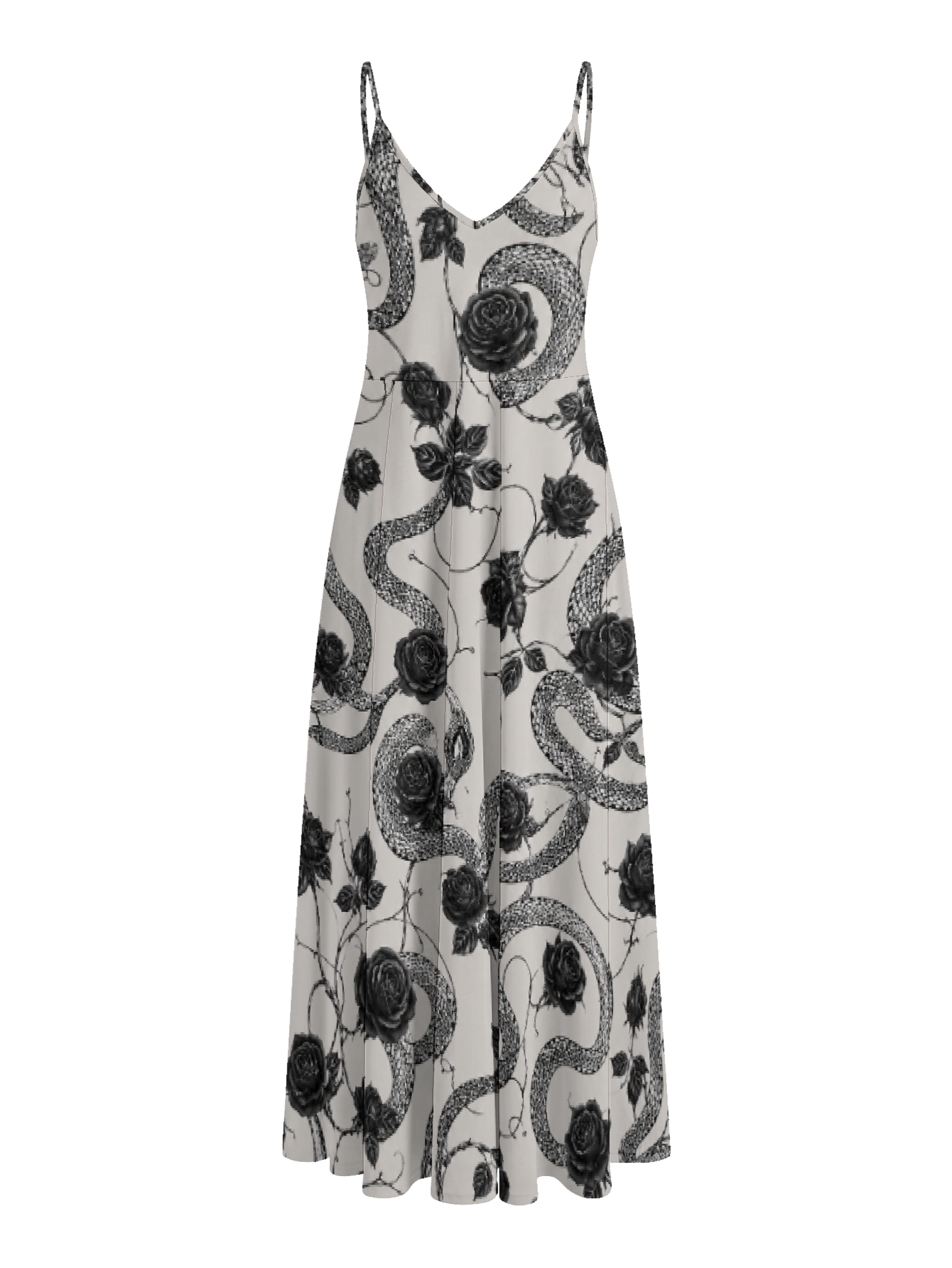 Elegant Rose-Patterned Snake Print Long Dress