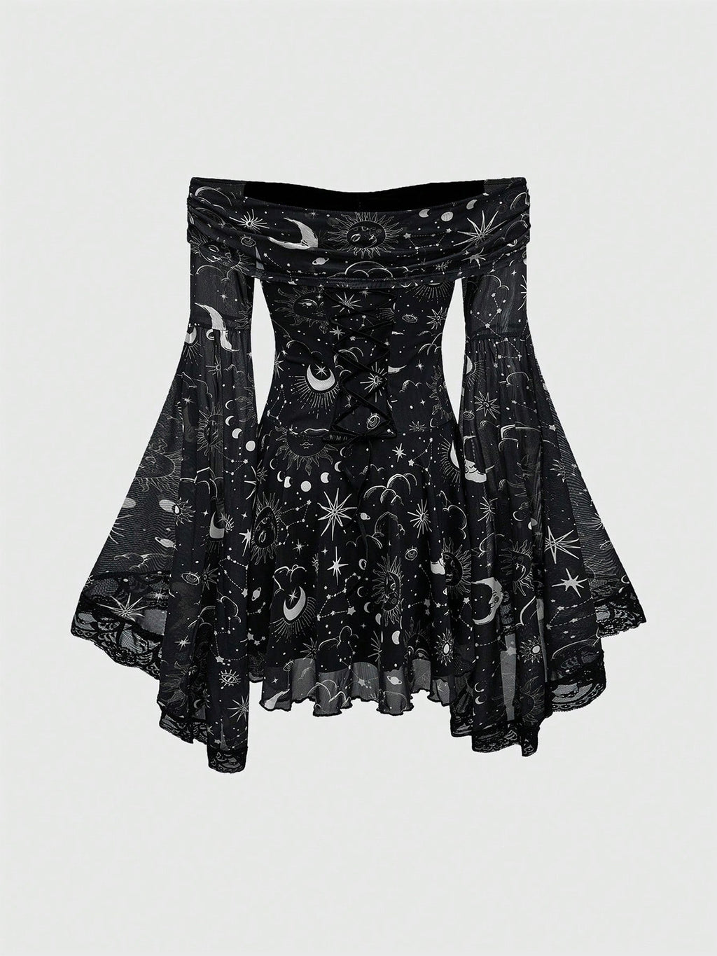 Gothic Retro Mysterious Star-and-Moon Print Flared-Sleeve A-Line Dress