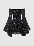 Gothic Retro Mysterious Star-and-Moon Print Flared-Sleeve A-Line Dress