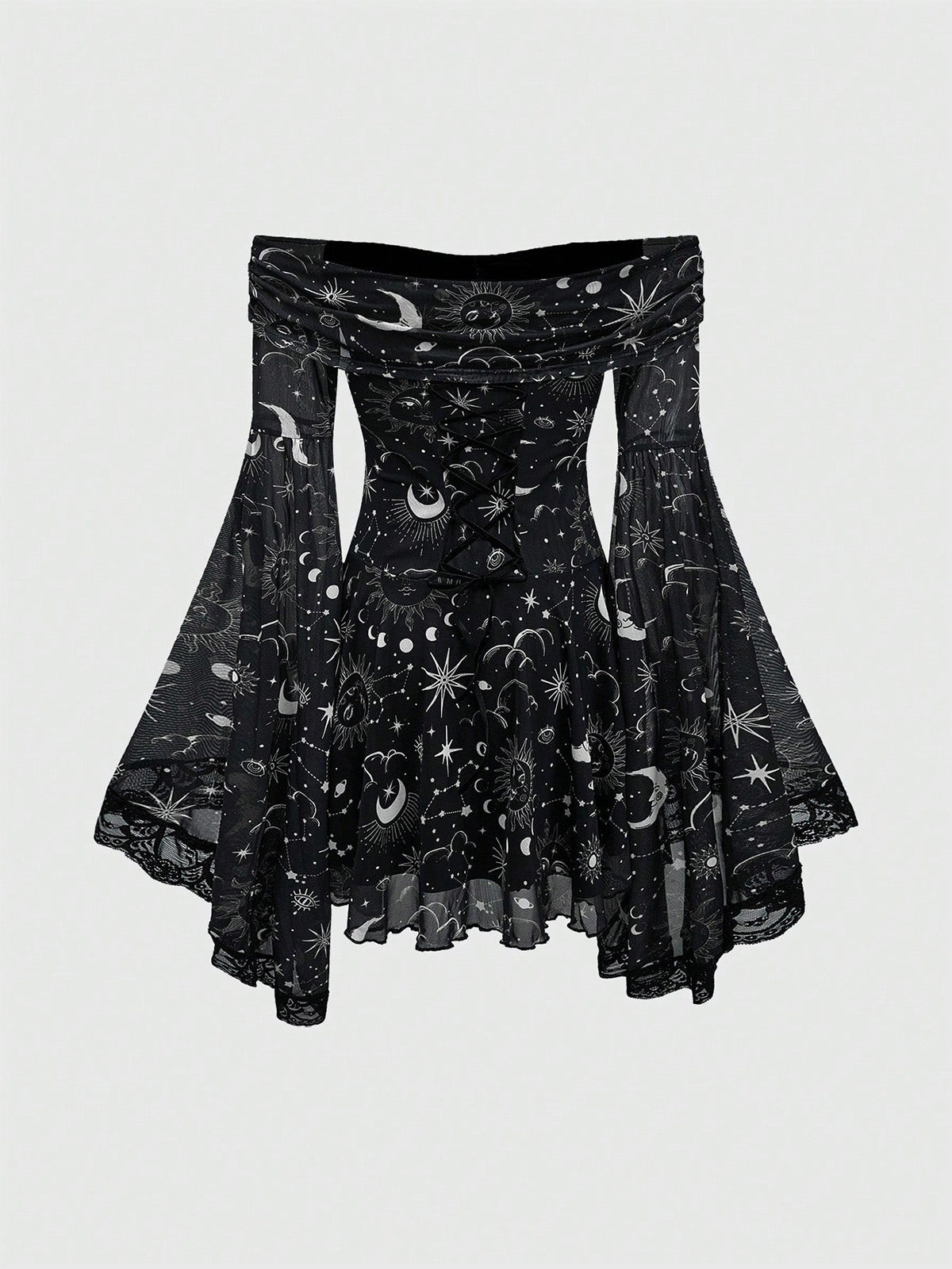 Gothic Retro Mysterious Star-and-Moon Print Flared-Sleeve A-Line Dress
