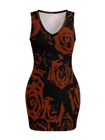 Dark Gothic Red Rose Print Sleeveless V-Neck Bodycon Dress
