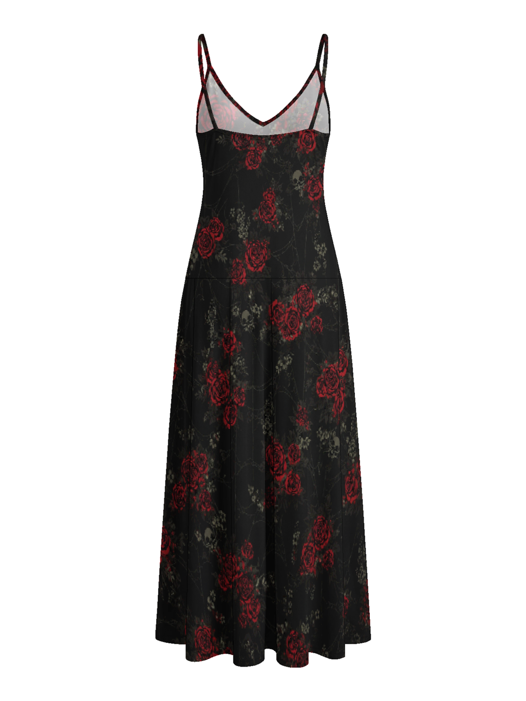 Trendy Retro Red Rose Skull Print Maxi Dress
