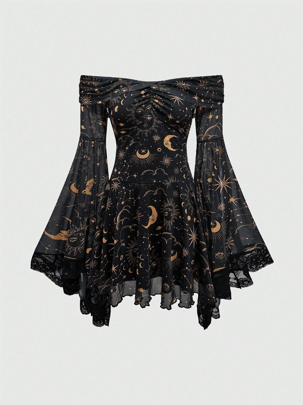 Gothic Retro Mysterious Star-and-Moon Print Flared-Sleeve A-Line Dress