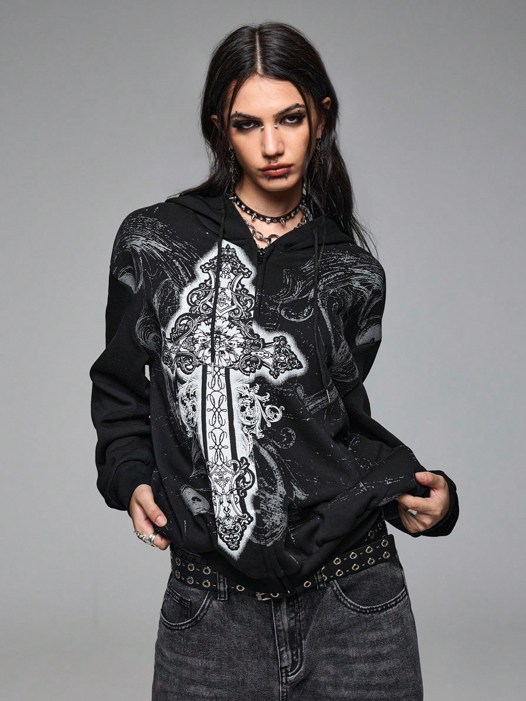 Vintage Gothic Print Hooded Sweatshirt Jacket