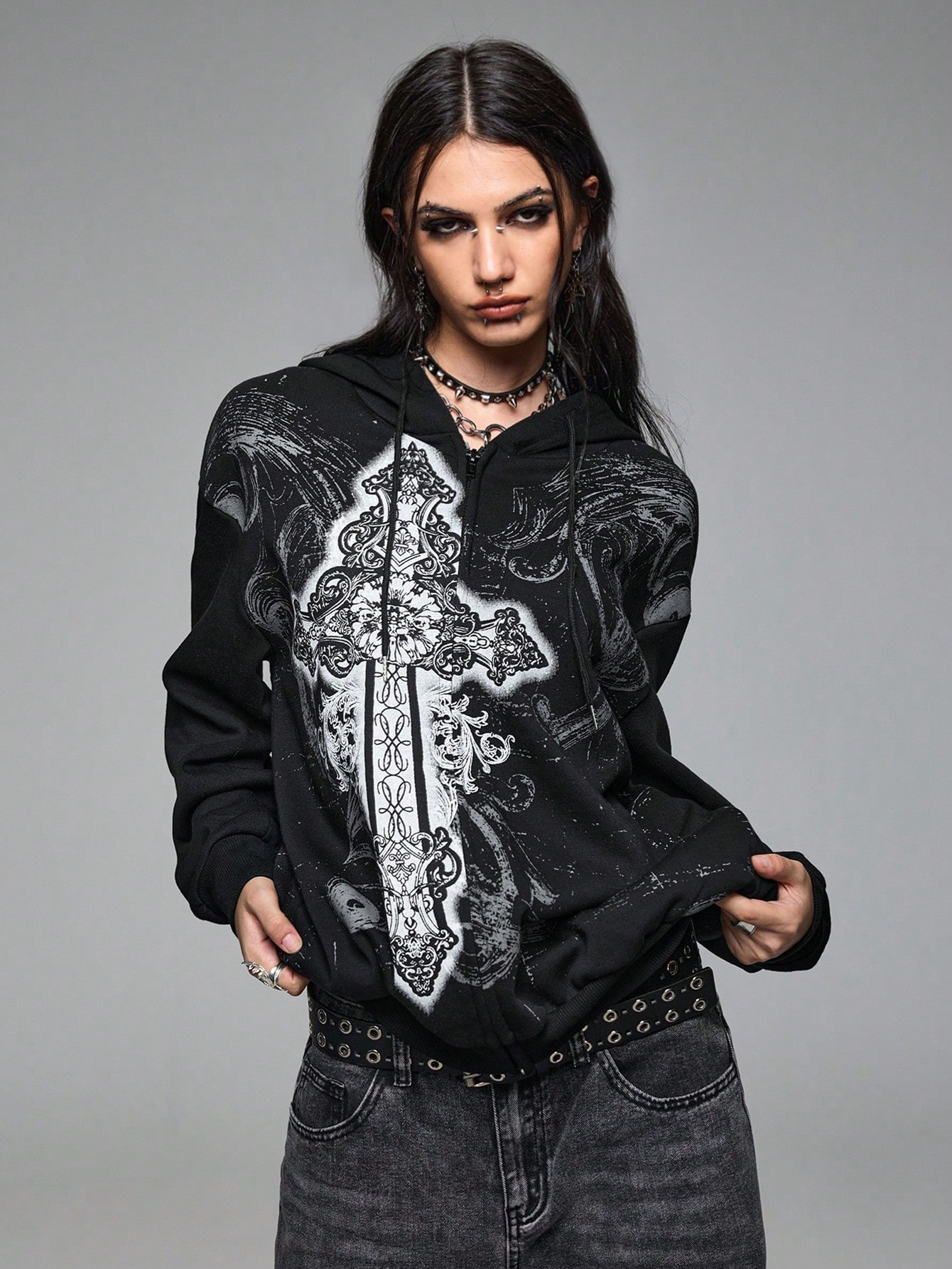 Vintage Gothic Print Hooded Sweatshirt Jacket