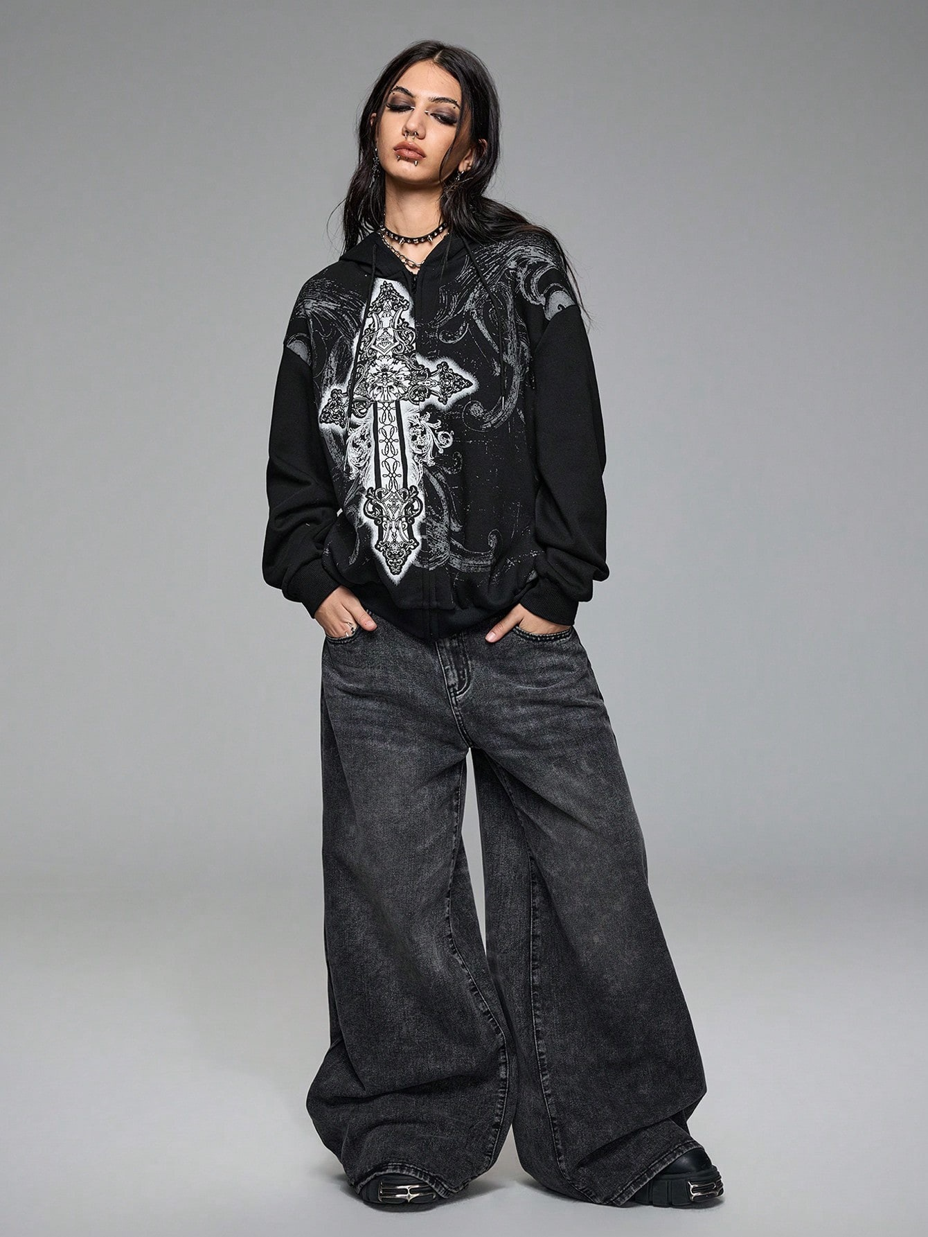 Vintage Gothic Print Hooded Sweatshirt Jacket