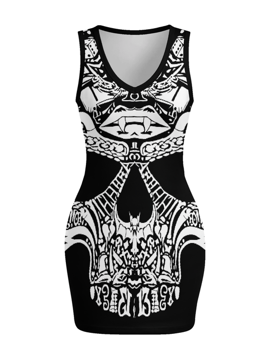 Abstract Skeleton-Print Sleeveless V-Neck Fitted Dress