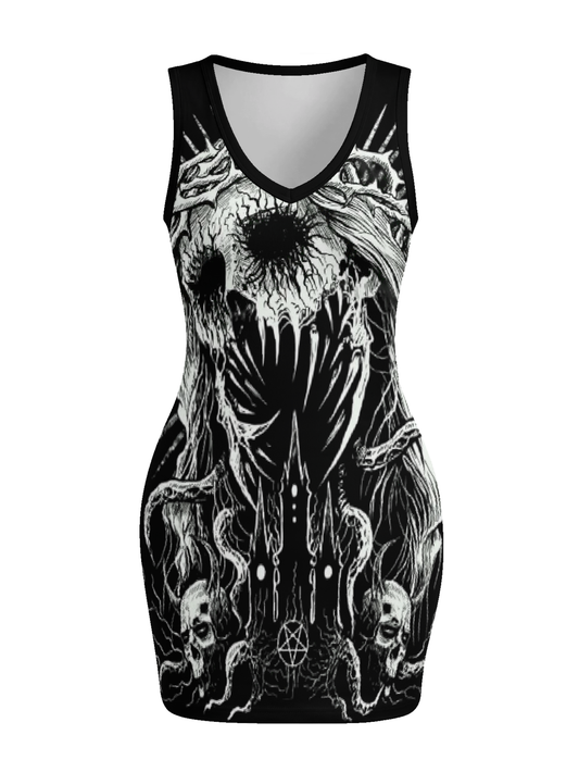 Demon Skull Tentacle Print Sleeveless V-Neck Mini Bodycon Dress