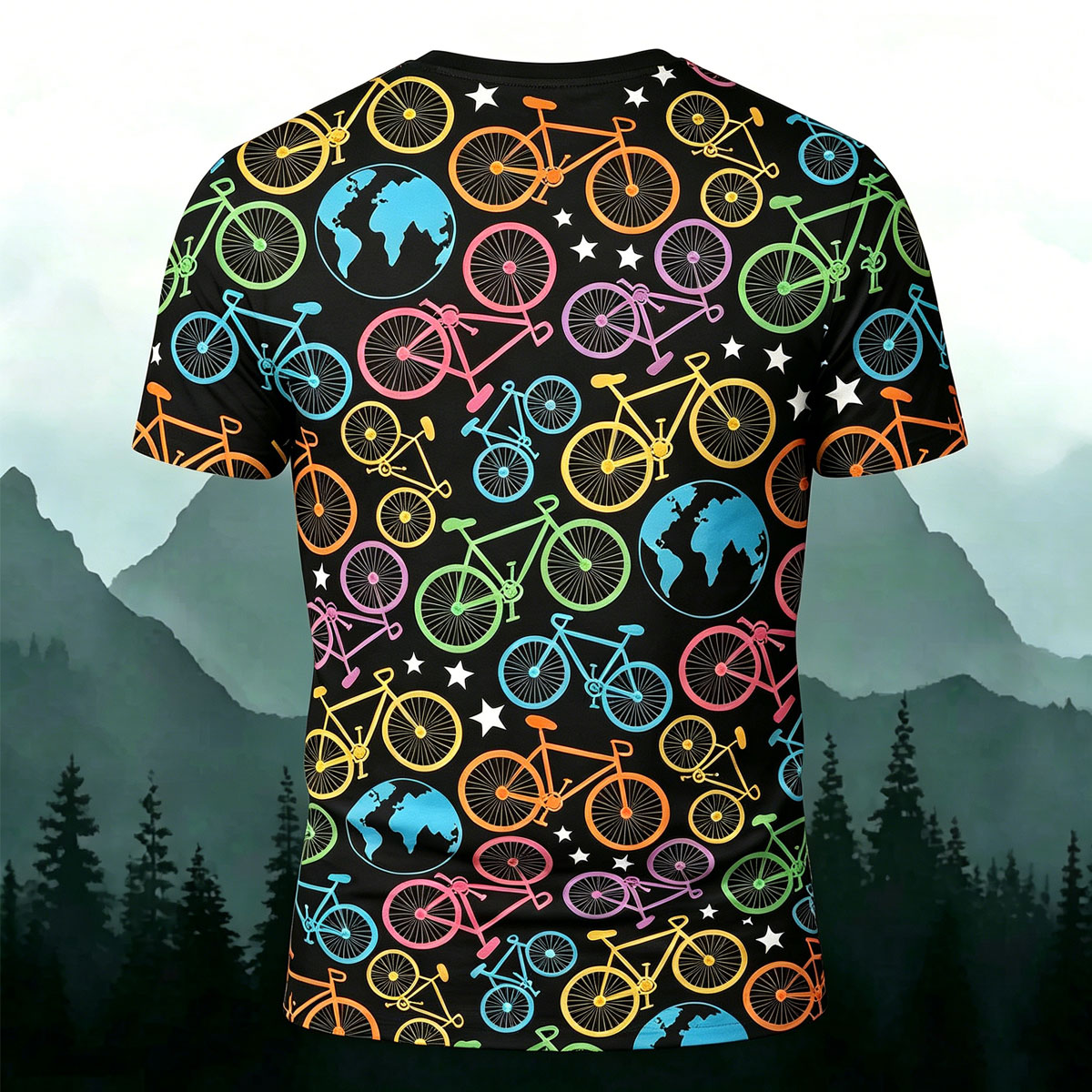 Colorful Bicycle Earth Graphic Casual Comfortable Tee Black 2