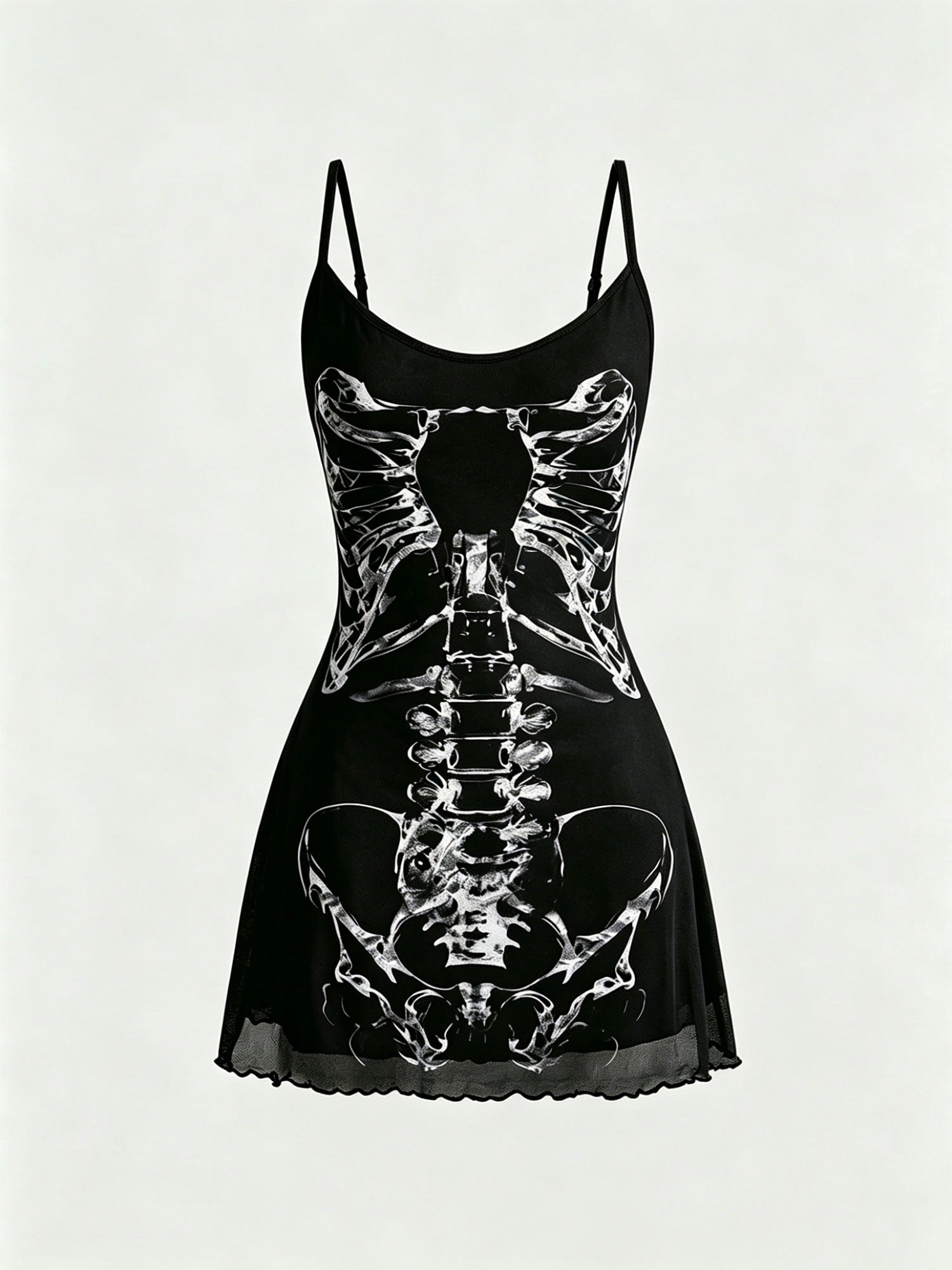 Dark-themed Skeleton-Print Bodycon Spaghetti-Strap Dress