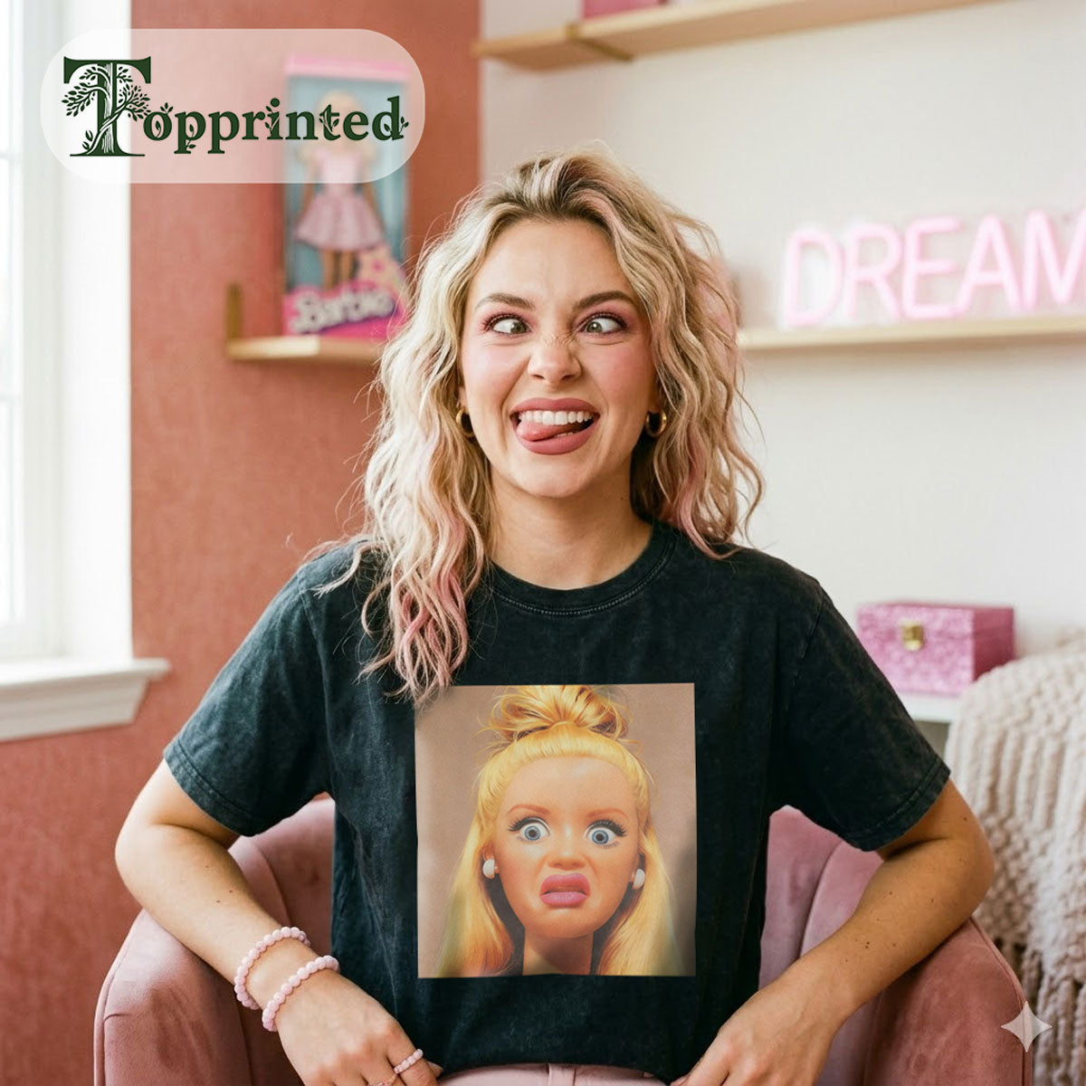 Shocked Face Print Washed Cotton Crew Neck T-Shirt