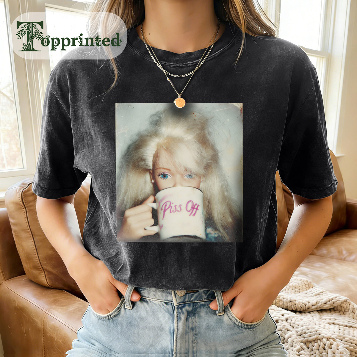 Princess Drinking Print Beauty Round Neck T-Shirt