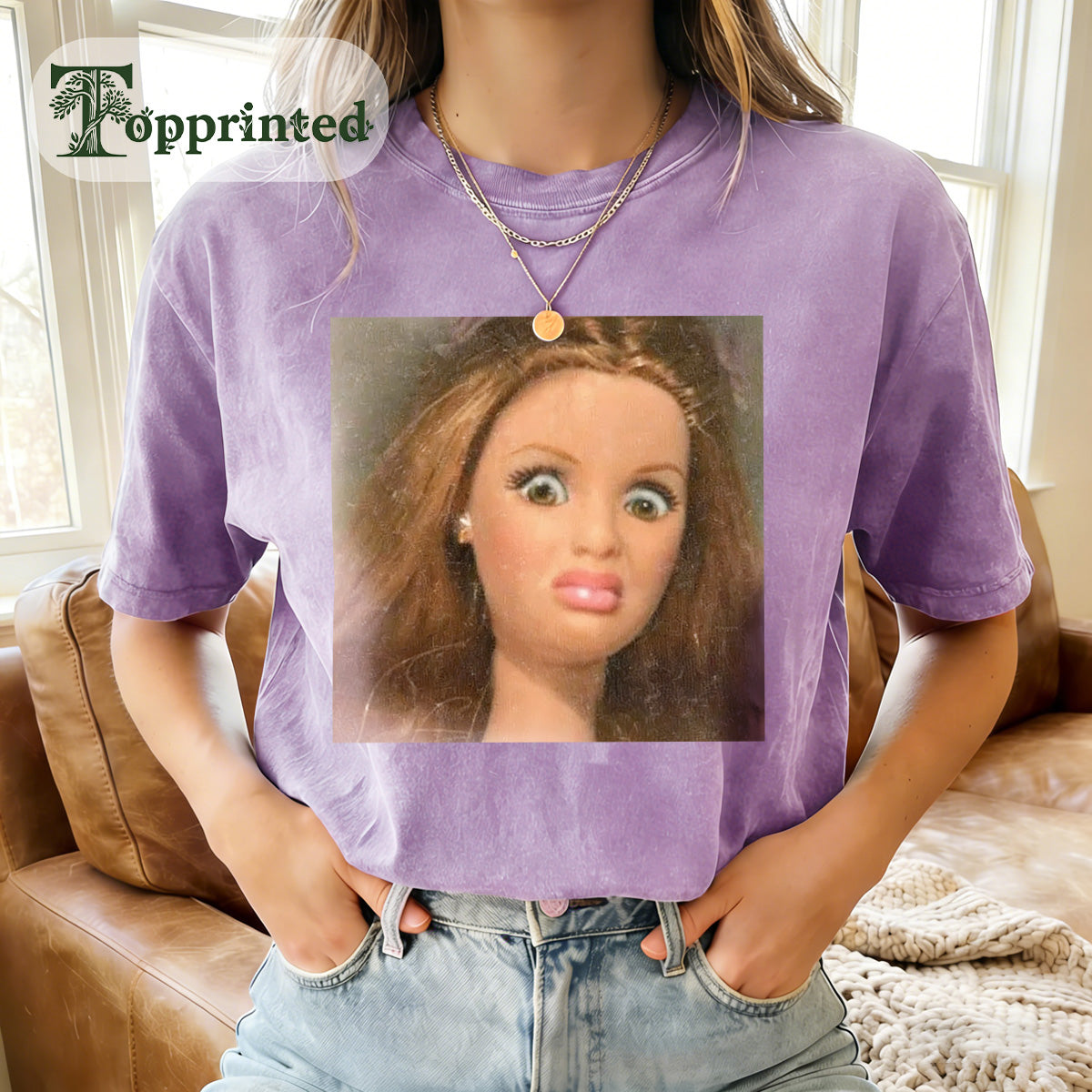 Disdainful Face Print Washed  Cotton Crew Neck T-Shirt