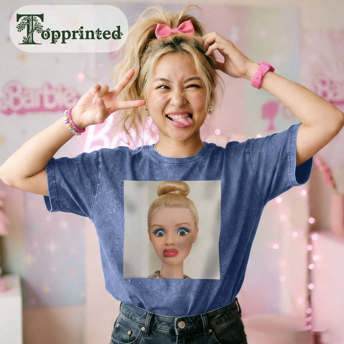Shocked Expression Print Washed Cotton T-Shirt