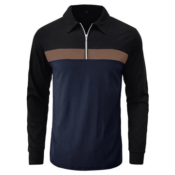 Colorblock Zip Polo Collar Long Sleeve T-Shirt