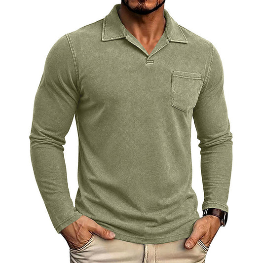 Washed Pocket Long Sleeve Polo T-Shirt