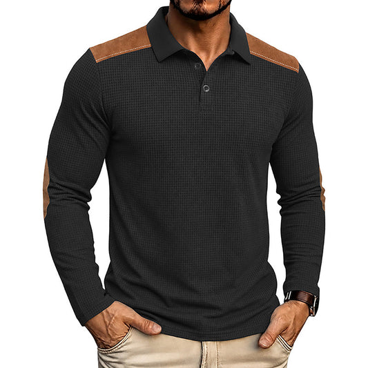 Waffle Elbow Patchwork Long Sleeve Polo Shirt